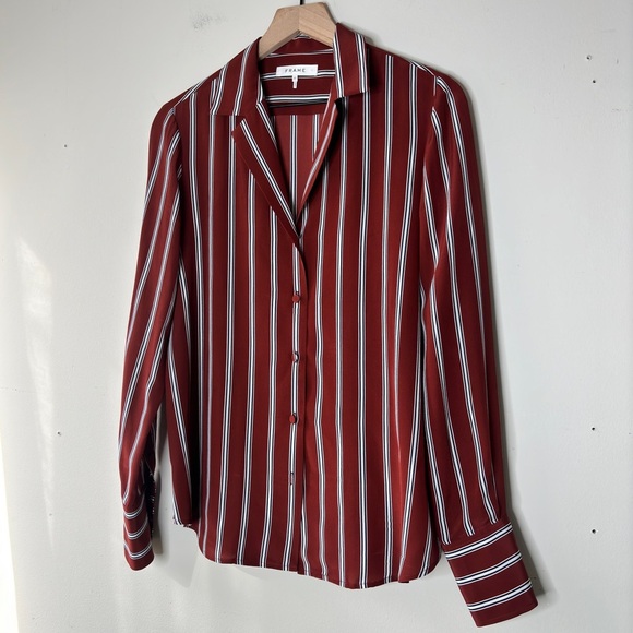 The Standard Stripe Silk Button-Up Shirt in Burnt Henna Multi Size XS - Picture 11 of 12